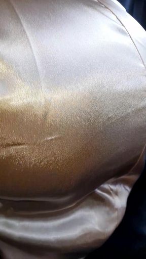 Gold Satin Dress Masturbation and Cum Inside Dress