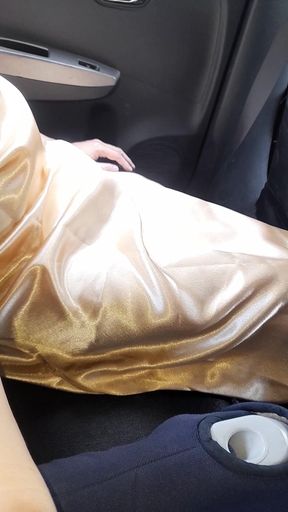 Gold Satin Dress Masturbation and Cum Inside Dress