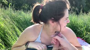 Public Blowjob - people walk and drive by - I cum in her mouth