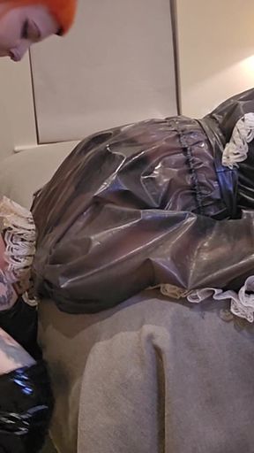 Miss Ruby Pvc Domme Throatfucks Sissy Maid with Huge Black Strap-on, Sph, Face Slapping with Dildo