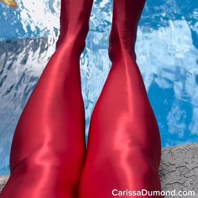 Carissa in red satin stockings and cherry bikini top in the pool part 1