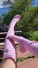 Showing off my cute feet in thigh high nylon socks