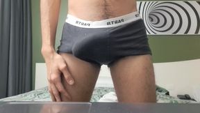 Hairy Brazilian student strokes massive cock until thick cum drips watching porn