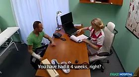 Blonda nurse in full uniform bangs her recent patient - fake medical center