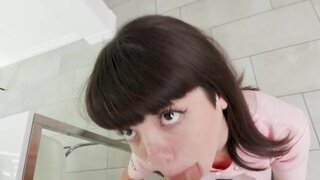 Tiny teeny whore is going to deepthroat a nice boner