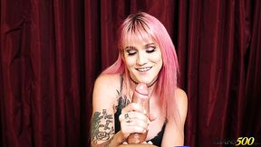 Pink haired slutty shemale Lena Kelly shows off her cock jerking skills