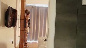 Couples game, girlfriend in black stockings tied to a pillar, vibrating orgasm, toy orgasm.