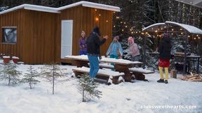 Four petite blondes and brunettes have a wild reverse gangbang orgy in the sauna