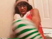 Sissy Crossdresser Elf plays Mrs Santa Clause while teasing her shemale cock