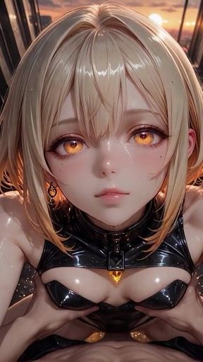 Vega Stone Holds Her Ground Above the City, Muscles Set, the Orange Sky Igniting Her Fierce Stare - Ai Generated