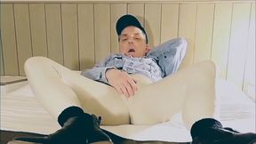 Ass exposure and cock stroking through white vinyl