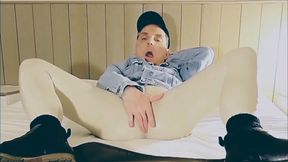 Ass exposure and cock stroking through white vinyl