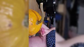 Queer transgender blonde chick gives a fuck to pumpkin