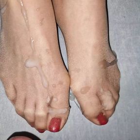 Cum on nylon red toenails