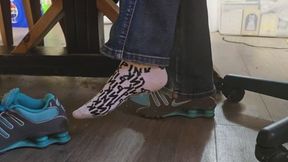 Chrissy candid shox and socks under table
