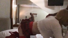 Crossdresser viadinho giving a blowjob to a naughty old man in a motel