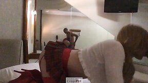 Crossdresser viadinho giving a blowjob to a naughty old man in a motel