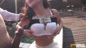 Busty Japanese babe sucks the limousine driver and swallows his load