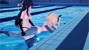 Genshin Impact - Beidou fucks Fischl at the pool with a strapon.