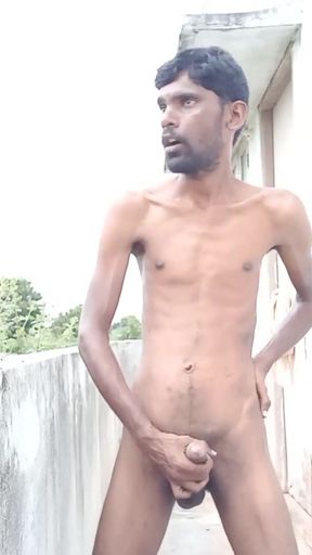 Rajesh masturbating outdoors, spitting on dick, moaning, showing ass, butt, spanking and cumming   Clip 1