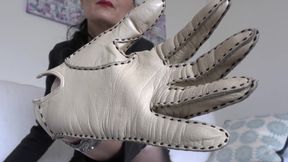 Beige Leather Gloves with a Strong Leather Scent on Your Face, Lady Victoria Valente