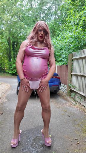Sexy Crossdresser Kellycd2022 in My Pink Shiny Dress Sexy Seamless Pantyhose and Heels