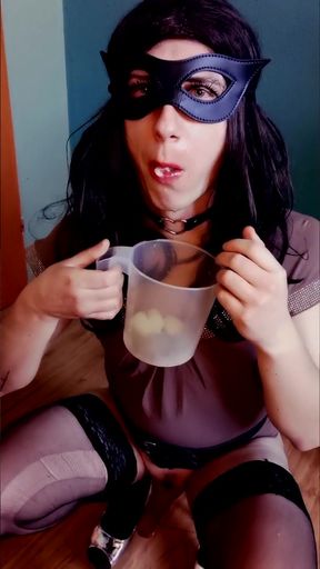sissy trying what it's like to be covered fully in cum, using own collected cum to look like after bukkake
