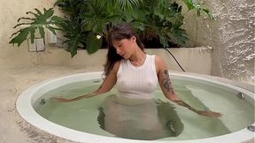 Relaxing hot shower in my stepdad's jacuzzi, I let my white dress get wet and then I masturbate with my pink vibrator