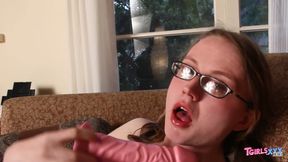 TGIRLS XXX Slim Trans Beauty with Glasses Enjoys Pink Dildo and Hard Anal Penetration on Brown Couch
