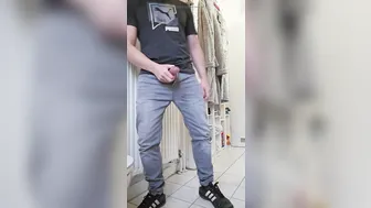 Solo Guy Pissing on Floor in Jeans and Sneakers