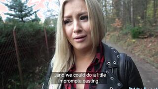 Outdoors Agent Stunning Big Tit Blonde takes her clothes off inside the woods before fucking
