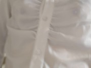 (Crossdresser) light purple bra is seen through the blouse.