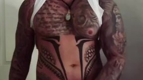 Amateur tattooed muscle hunk jerking his 9 inch monster cock while dirty talking