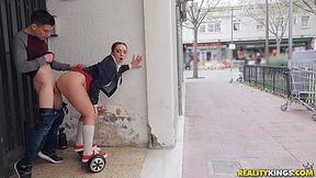 Playful teen w Toy in her Cunt sucks cock in Public before hot sex