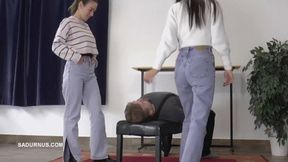 Mistresses Olga and Natasa sit on the slave's face in jeans A wmv Natasa
