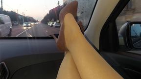 Stepmom in nylon stockings and high heels seduces her stepson in the car in public