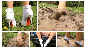 HOT AND SEXY: Emily is walking in deep soft mud in sexy socks, pantyhose and barefoot
