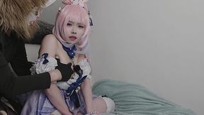 Pink-haired maid gets fucked in doggy by her man in filthy Japanese cosplay