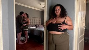 couple purposely fucking with room door open for horny voyeur friend to see