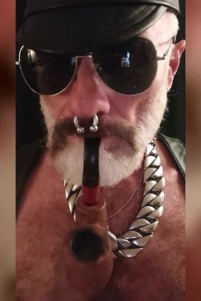Tit Pig Smoking His Pipe While Playing with Tits and Cock