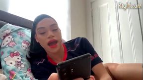 petite American tgirl jerks off her big cock on webcam