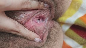 Hairy and wet pussy closeup