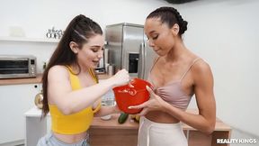 Alexis Tae and Lily Lou are kissing and fucking in the kitchen