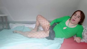 Amateur Redhead Femboy`s Intense Orgasm: Fishnet Lingerie, Horny Licking & Cum Eating!