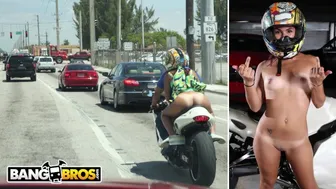 Big booty Latina Sophia Steele rides motorcycle then takes cock outside