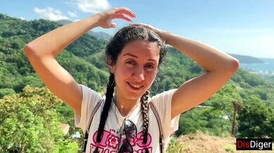 Girl with pigtails meets stranger in jungle and swallows his load
