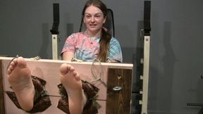 Aly in the stocks! unbelievably ticklish feet!!!! LOW