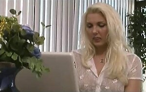 Gifted blonde gal linda thoren from sweden writes her first chapters of her new bestseller where