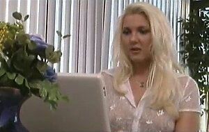 Gifted blonde gal linda thoren from sweden writes her first chapters of her new bestseller where