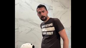 hot jock sucking daddy'_s massive cock in public bathroom